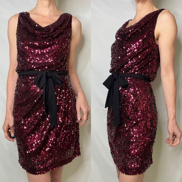 Cache ruby red sequin mini dress cowl neck cocktail evening tie belt formal prom - Picture 11 of 14
